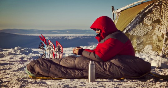 Cold Weather Tent With Man Sitting Outside