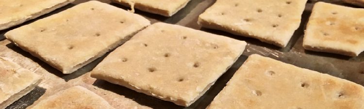 Hardtack biscuits drying on a cookie sheet