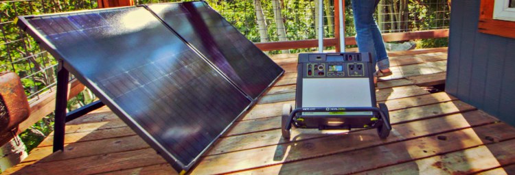 Solar Panel and Portable Solar Generator Setup On A Deck