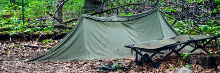 camping cot sitting outside a tent