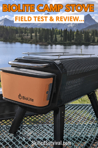 Biolite Camp Stove Review - Stove on a campsite picnic table with lake and mountains in the background