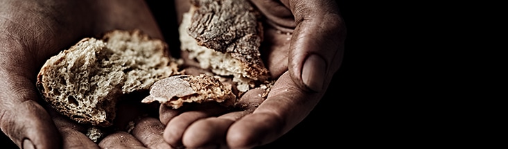 Famine - dirty hands holding bread crumbs