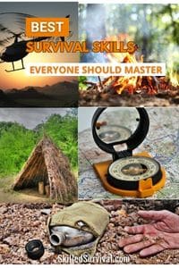 Best Survival Skills - collage of helicopter, fire, debris shelter - compass - empty canteen 