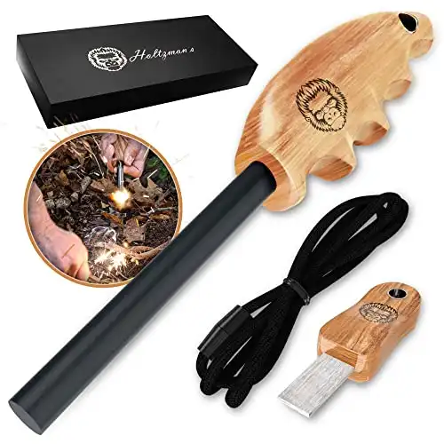 Holtzman's Wood Handle Fire Starter Ferro Rod Gift Set W/Finger Grip