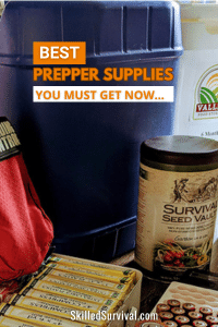 Best Prepper Supplies stacked on a table - water container, medical pouch, seed vault, batteries, radio