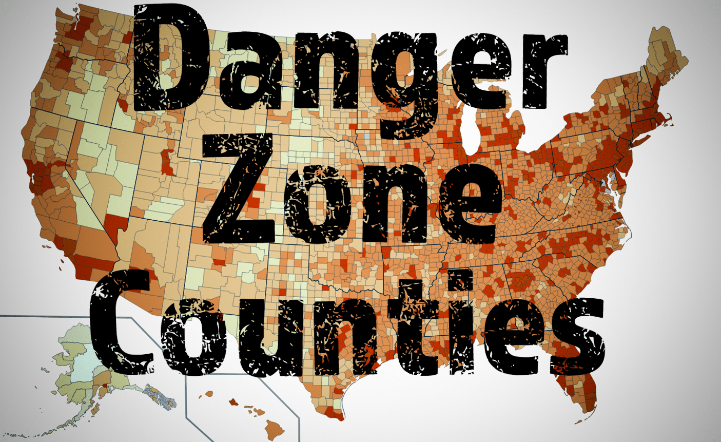 Map of United States Counties color coded to show which ones are the higher population densities - with text Danger Zone Counties over the top