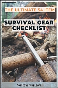 Survival Gear Checklist eBook Cover -with fire piston on a rock and campfire in the background